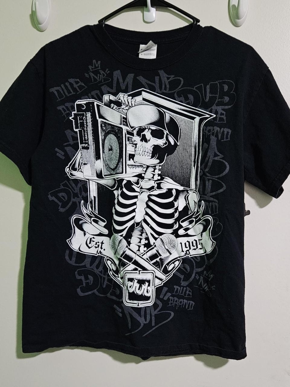 Gildan Black Short Sleeve Tee with White and Gray Skeleton Boombox Graphic